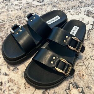 Steve Madden Hanni Black Sandals with Gold Double Buckle
